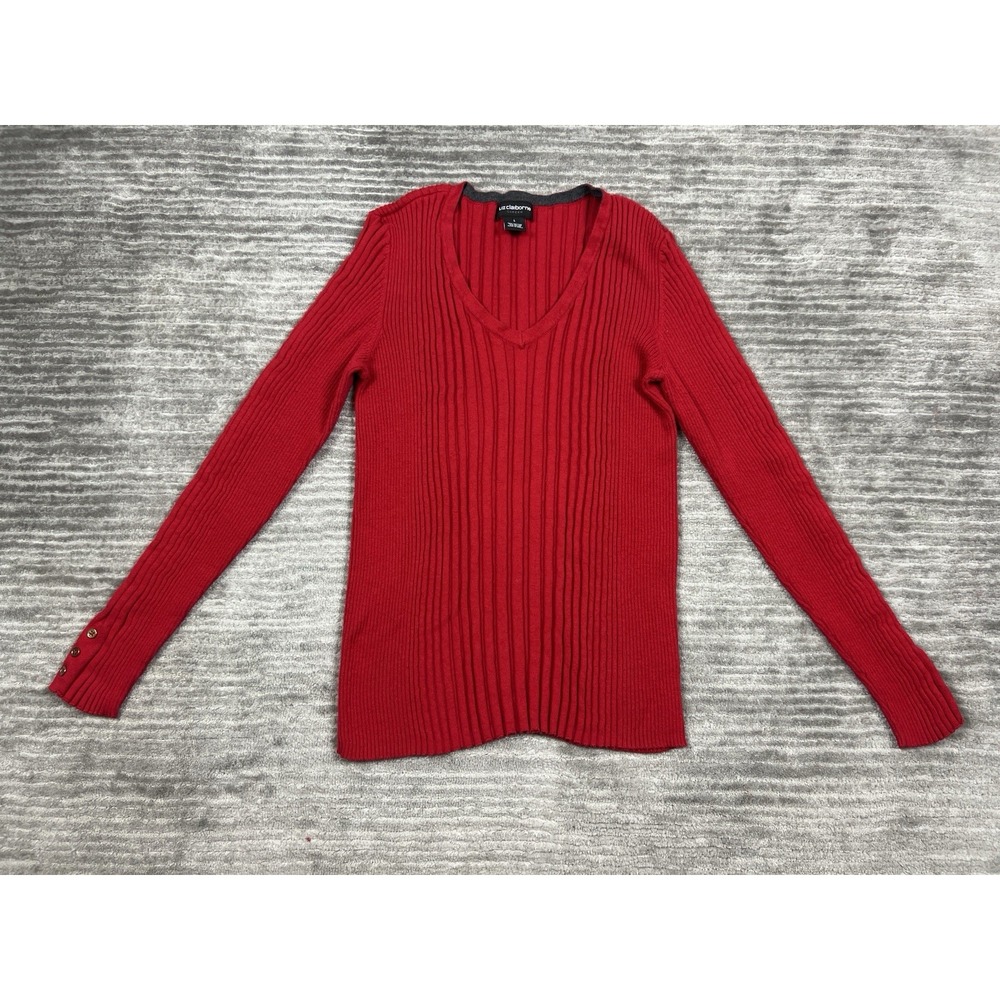 Liz Claiborne Sweater Womens Large Red V-Neck Long‎ Sleeve Cotton Blend Career